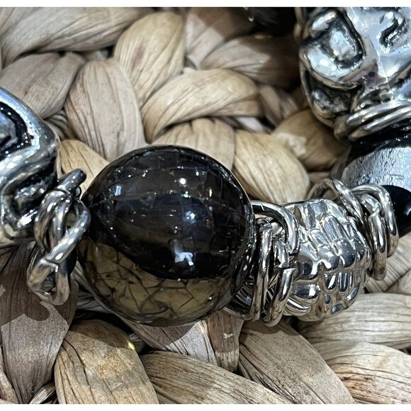 Metallic Foil & Glass Bead Bracelet Stretchy Cha Cha Beads Silver Tone Black - Picture 2 of 7